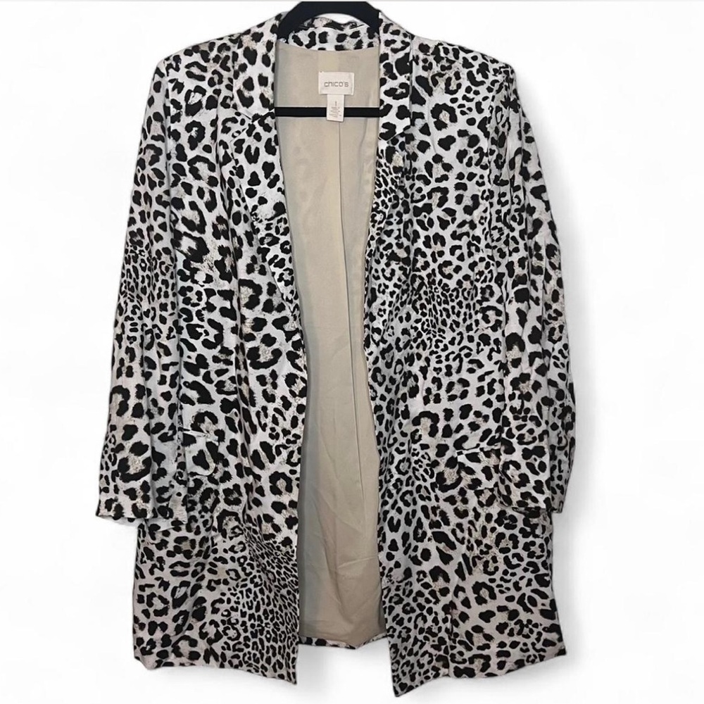 Chico’s Animal Print Open Front Blazer Jacket Medium White Black Brown